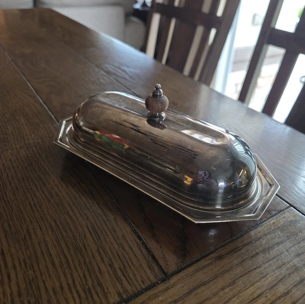 Vintage Silver-Plated Butter Dish With Wooden Finial Handle